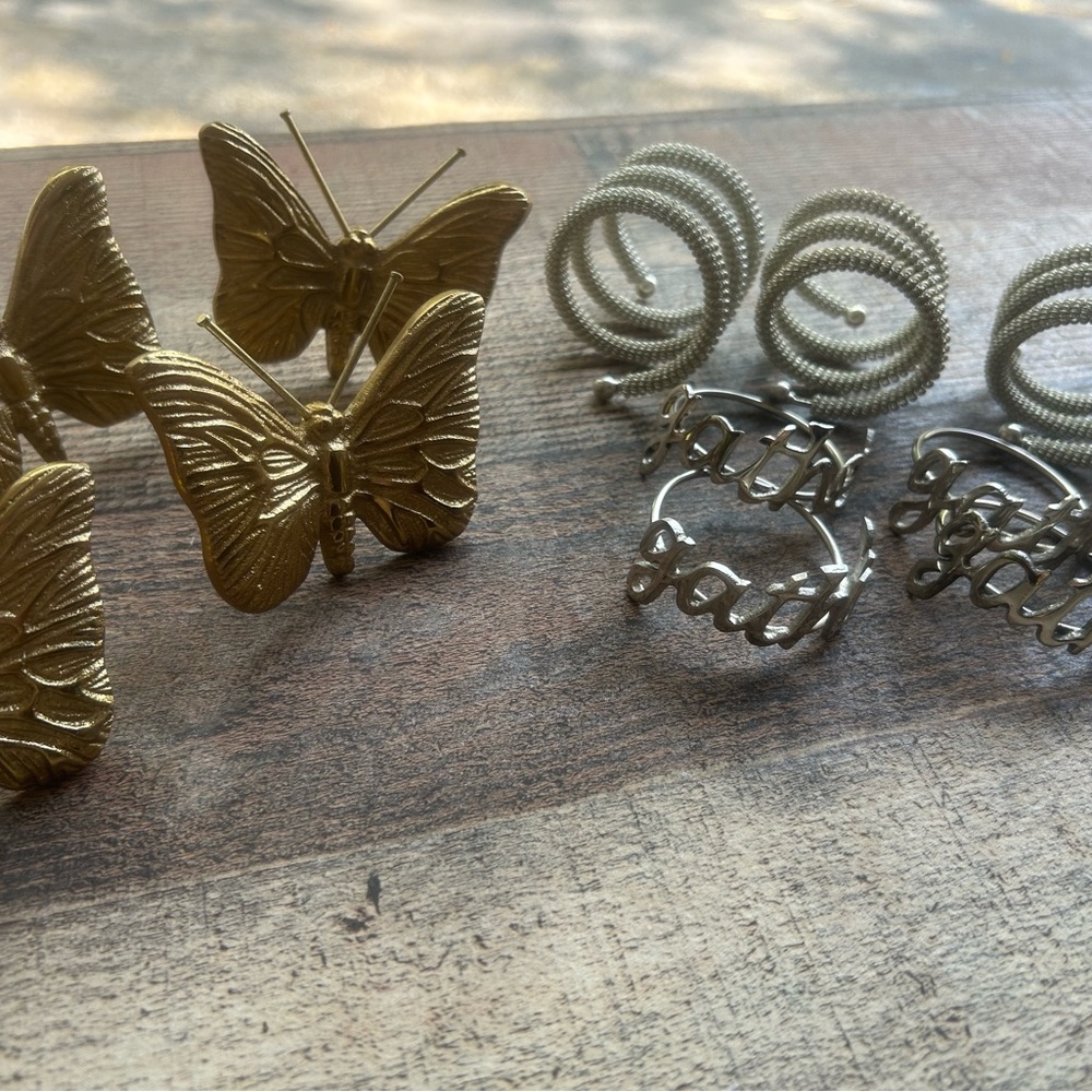 Gold Butterfly Napkin Rings & Silver spiral  and 4 GATHER silver rings